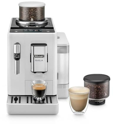 De'Longhi Rivelia FEB4435.W - Cafetera automática con boquilla de vapor para espuma de leche, contenedores de granos intercambiables, 8 bebidas de café con solo pulsar un botón, función de disparo