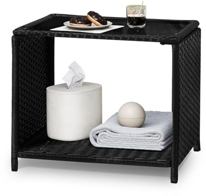 WOLTU Polyrattan Gartentisch, 45x40x45 cm, Beistelltisch mit Glasplatte offenem Fach, Balkontisch wetterfest, Terrassentisch, Outdoor Tisch, Schwarz