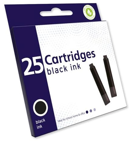 25 x Standard Sized Universal Black Fountain Pen Ink Cartridge Refills Ideal for School, Home or Office use