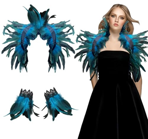 shallyong Federkragen Blau, Federumhang mit Feder Manschetten, Maleficent Kostüm, Gothic Federn Schulter, Pfau Kostüm, für Cosplay Partys Feste Karneval