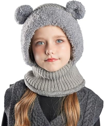 SEAUR Schlupfmütze Mädchen 4-10 Jahre Gefüttert Strickmütze Kinder Schalmütze Sturmhaube Wintermütze Niedlicher Bärchen Balaclava