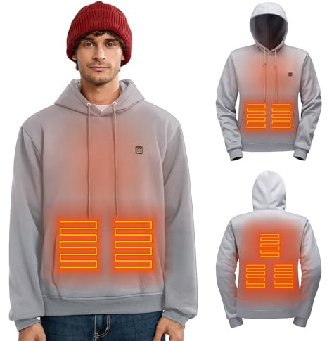 CHANGEOWN Beheizbare Hoodie Herren, Beheizbare Jacke Hoodie Kapuzenpullover mit 5V 10000 mAh Akku, 5 Heizzone Elektrische Beheizte Kapuzenpullover Sweatshirt für Outdoor-Aktivitäten (Grau, L)