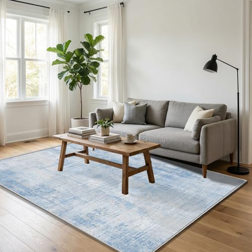 WUTONG Waschbarer Teppich Blau 80x120cm,Moderner Abstrakter Teppich | Kurzflor Weicher Bettvorleger,Rutschfeste Fußmatte für Flur & Wohnzimmer,Saugroboter geeignet OEKO-TEX