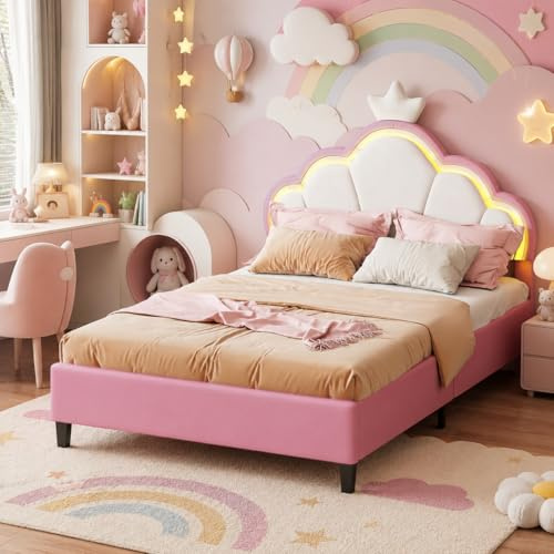 4ft6 Double Bed Frame, Upholstered Bed with Adjustable Crown Shape Headboard, Modern Girls Bed Suitable for Children, Sturdy Metal & Wood Slats, Flannel, White and Pink, 135x190cm, No Mattress