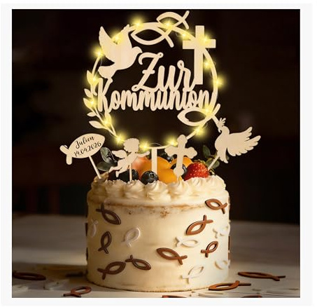 Tortendeko Kommunion mit LED Lichterkette, Tortenaufleger kommunion Erstkommunion Tortendeko Holz Cake Topper, 36 Stück Fische Tischdeko, Fisch Taube Engel Kuchen Deko Mädchen Junge Geschenke