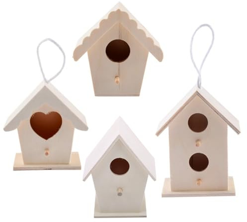 4 teiliges DIY Vogelhaus Set aus Holz unvollendetes herzförmiges Vogelhaus zum Bemalen – Naturholz Bastelsets für Kinder und Erwachsene Garten und Innendekoration Vogelhäuschen aus Holz Holzhaus