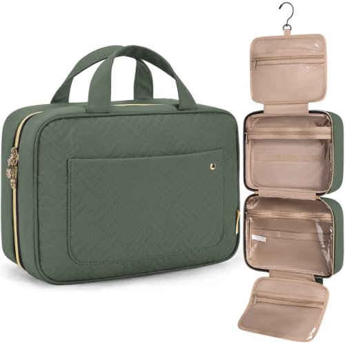 BAGSMART Hanging Travel Toiletry Bag 360° Hook for Full Size Bottle, Large | Women's Wash Bag & Makeup Toiletries Organiser, Large Capacity Travel Holiday Accessories, Haze Green