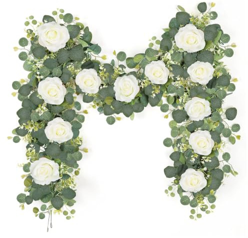 Artifolia Künstliche Blumengirlande Rose & Eukalyptus Girlande, 2x1,8m Weiß | Seidenrosen, Wasserfest Pflegefrei, Wiederverwendbar, Innen & Außen geeignet, Balkon, Tisch, Schaufenster, Hochzeit, Wohndeko