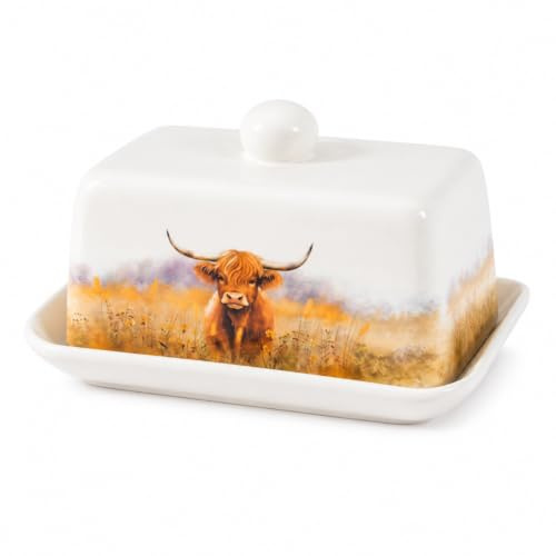 YöL Highland Cow Butter Dish Dolomite Lidded Margerine Holder Kitchen Table
