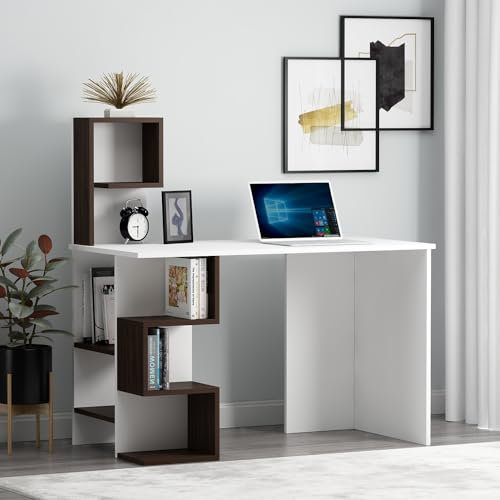 HOMIDEA DERONI Scrivania - Scrivania per computer - Scrivania ufficio - Porta PC - Tavolo per Computer con Scaffale Ripiano (Opposite - Bianco/Noce)