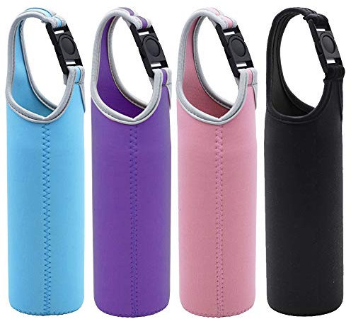 DanziX 4 Pack Neoprene Sleeve Bottle Cup Carrier Pouch,Fit for All 16oz-21oz Portable Sport Water Bottle-Black,Blue, Pink,Purple