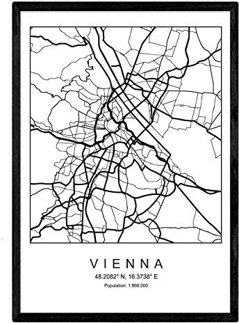 Nacnic Karte des Wiener Stadt Nordic-Stil in Schwarzweiss. Poster A4 mit schwarzem Rahmen gedrucktes Papier 250 gr. Bilder, Bettwäsche und Poster für Salon und Schlafzimmer