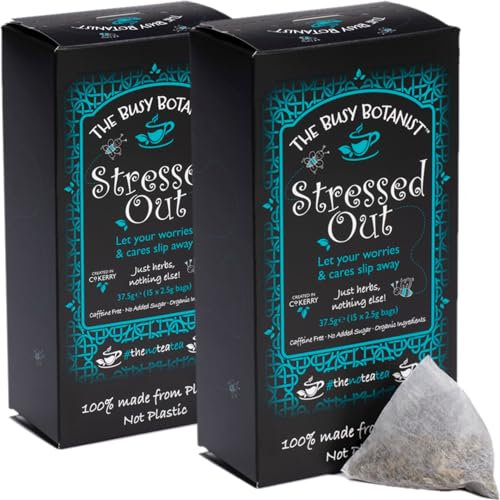 Stressed Out Herbal Tea with Valerian Root, Camomile and Ashwagandha - Caffeine Free, Decaffeinated - 2 x 15 individual tea bags by The Busy Botanist