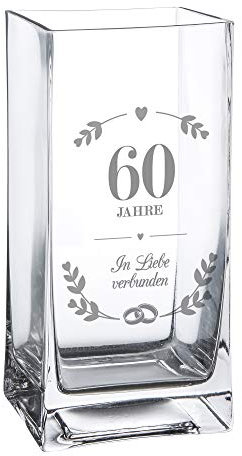 Casa Vivente Blumenvase mit Gravur zur Diamanthochzeit, Glasvase mit Ring Motiv, Geschenk zum 60. Hochzeitstag
