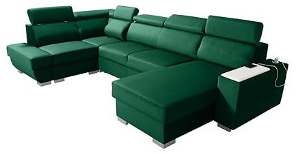Robin Cezar Ecksofa Schlaffunktion Bettkasten Verstellbare Kopfstützen Sofa L-Form Schlafsofa Freistehende Eckcouch Schlafcouch Wohnzimmermöbel inkl. Laptoptisch Steckdose Grün