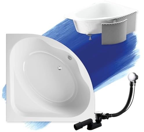 BADLAND Badewanne Original Weiß Acryl Wanne Eckbadewanne STANDARD 150x150 KOMPLETTSET SET mit Premium Styroporverkleidung + Füßen und Exklusive Chrom Automatik Ablaufgarnitur Made in EU 4in1