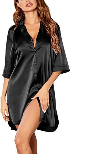 Ekouaer Camicia da Notte da Donna in Raso Maniche Estate Corte a 3/4 Camici con Scollo a V