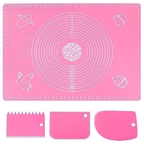 70x50cm Backunterlage Antihafte Backmatte, rutschfeste Silikon Groß Teigunterlage Ausrollmatte Silikonmatte Fondant Pizza Teigmatte Fondant Matte mit Messungen, Baking Mat mit Teigschneider(Rosa)