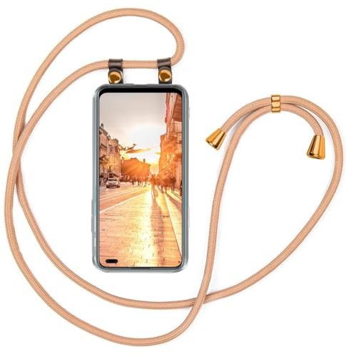 moex Handykette für Oppo Reno4 5G Hülle mit Band abnehmbar, Handyhülle mit Kette zum Umhängen, Handyband 155 cm lang Stoff Kordel Umhängehülle, Handy Umhängeband, Gold