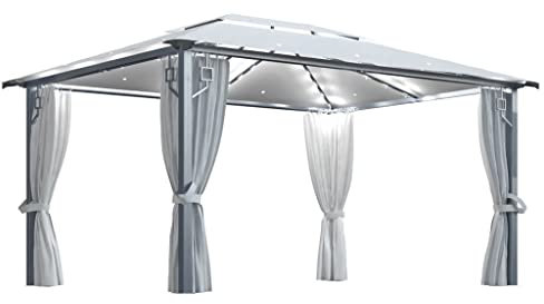 vidaXL Pavillon mit Vorhängen LED Lichterketten Gartenzelt Partyzelt Festzelt Gartenpavillon Bierzelt Garten Zelt Outdoor Terrasse 400x300cm Creme Alu