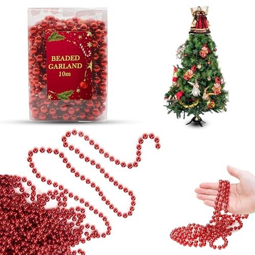 Red Christmas Bead Garland 10m - Christmas Tree Decoration Chain, Shiny Christmas Bead Chain Decoration, Hanging Pearl Beads for Christmas Valentines Wedding Decorations