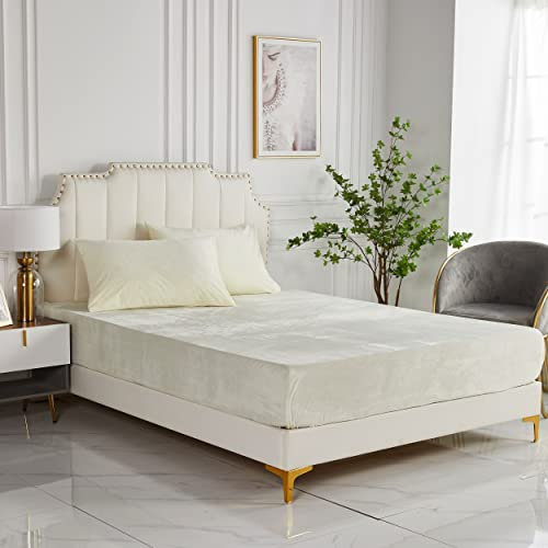 Damier Plüsch Spannbettlaken 160x200cm Beige Weiß Winter Spannbetttuch Flauschig und Warmes Flanell Bettlaken geeignet für Matratzen bis 30cm