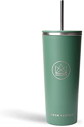 Neon Kactus - Happy Camper Stainless Steel Tumbler, Insulated Tumblers with Straw and Flip Lid, Double Wall Vacuum Insulated Tumbler Cup for Hot and Cold Drinks, 24oz Capacity