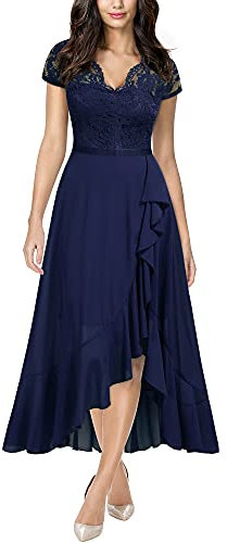 MIUSOL Women's Elegant V-Neck Lace Evening Formal Party Wedding Guest Long Dress (XX-Large, Navy Blue)