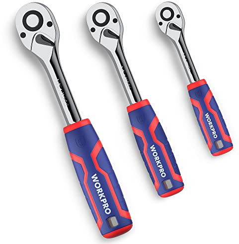 WORKPRO 3-Piece Ratchet Set, 1/4, 3/8, 1/2 Quick-Release Reversible 72-Tooth Drive Socket Wrench | Quick-Release Reversible, 72-Tooth, Chrome Alloy Made