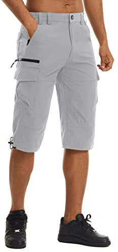 KEFITEVD 3/4 Fahrradhose Herren Leicht Kurz Hose Sommer Atmungsaktiv Kletterhose Frühling Trekkinghose Outdoor Verschleißfeste Caprihose Elasstisch Cargo Shorts Hellgrau 38