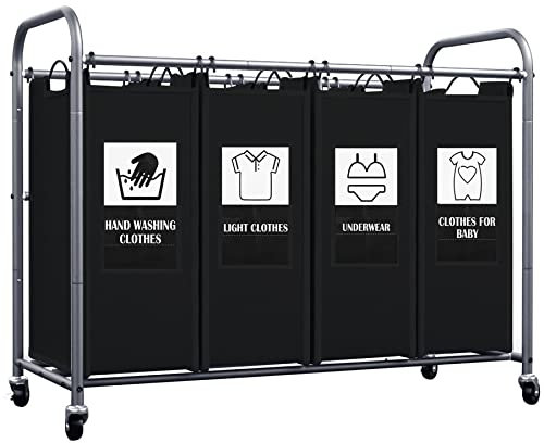 C&AHOME Wäschesortierer mit 4 Beuteln, Wäschekorb, Organizer, abnehmbare Taschen mit 6 Sortierkarten und robusten, rollbaren verschließbaren Rädern für Kleidung, 100.1 cm Lx42.9 cm Bx80 cm H schwarz