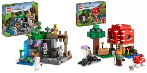 LEGO 21189 Minecraft Das Skelettverlies, Set mit Höhlen & 21179 Minecraft Das Pilzhaus, Spielzeug ab 8 Jahren, Geschenk für Kinder mit Figuren von Alex, Mooshroom & Spinnenreiter, Kinderspielzeug