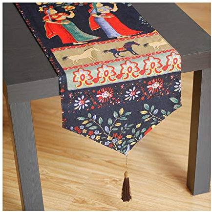 EHOMERY Tischläufer Joop, Tischdecke Dunkelblau und Rot Spitze Stickerei Ethnische Blumen und Tischläufer Cotton Linen 30x160CM