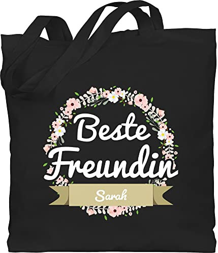 Baumwolltasche - Beste Freundin - mit Name in Boho Blumenkranz - Unisize - Schwarz - stoffbeutel personalisierte tasche freundinnen partner einkaufstasche geschenke beutel weihnachtsgeschenke