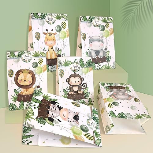 Heboland 24 Stück Geschenktüten Kindergeburtstag, Dschungel Safari Tüten Kindergeburtstag mit 30pcs Sticker für Safari deko, Baby Shower, Hochzeit