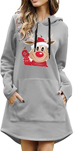 Pullover Damen Hoodie Kapuzenpullover Weihnachtspullover Weihnachtskleid Pulloverkleid Weihnachten Hirsch Kopf Druck Kordelzug Kapuze Tasche Langarm Kleid Sweatshirts (Grau,L)