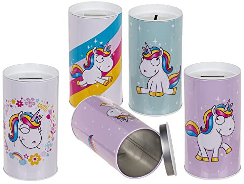 Metall Spardose Comic Einhorn Gelddose Sparbüchse Sparschwein Taschengeld Urlaubsgeld Geschenkidee Abnehmbarer Deckel 4er Set