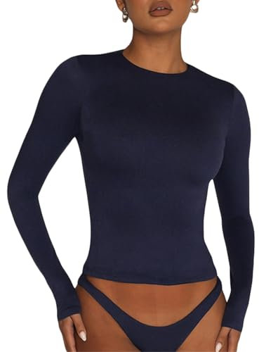 OYIGELZ Women's Basic Long Sleeve Shirt Crop Top Y2K T-Shirt Slim Fit Casual Tee Tops Streetwear(Tibetan Blue-a,L)
