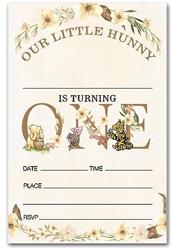 brayqu Winnie Puuh Party-Einladungen zum ersten Geburtstag, 1. Geburtstag, Winnie Puuh, 1 Jahr alt, Partyeinladungen, Blumenmuster, unser kleiner Hunny, 20 Karten mit Umschlägen