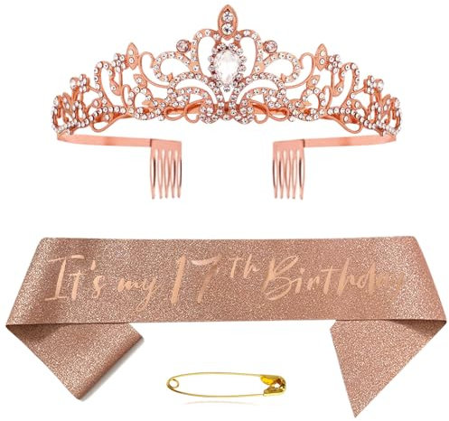 17. Geburtstag Schärpe Und Tiara Krone Roségold Kristall Geburtstagkrone Set Rose Gold Geburtstagskrone Schärpe Deko Birthday Crown für Mädchen Frauen Birthday Party Accessoires Geburtstagsdeko 17