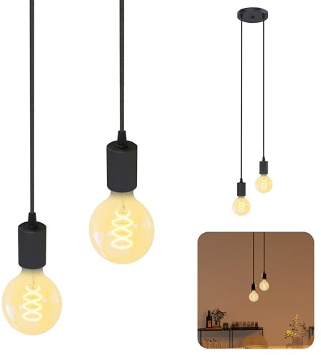 SSC-LUXon PARU Pendelleuchte Vintage 2-flammig schwarz - Design Hängelampe mit Textilkabeln inkl. 2x E27 LED Lampen extra warmweiß