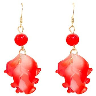 QKEPCY Blütenblatt Tropfen Ohrringe Acryl Harz Schmuck Damenohrringe Goldfarben Anhänger Blumen Ohrhänger Elegant Handgefertigt Rot Ohrstecker