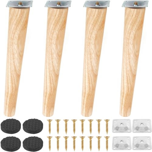 4pcs Pieds de Meuble en Bois, 25cm Pieds de Meuble Inclinés avec Plaque de Montage Vis et Tapis antidérapant, Pieds de Meuble Bois de Rechange pour Lit,Armoire,Tables et Chaises(25cm,pieds inclinés)