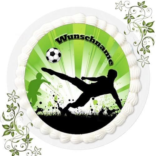 DEIN TORTENBILD mit essbaren Tortenaufleger aus Fondant mit Wunschnamen selbst gestalten | Cake Topper personalisiert mit Text | essbare Tortendeko | Fondant rund, 20 cm Durchmesser Fussball Nr. 46