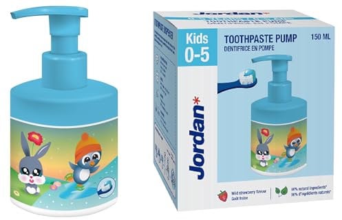 Jordan ® | Pompe à dentifrice pour enfants | Dentifrice sur distributeur à pompe équivalent à 3 tubes ordinaires | Solution innovante et pratique | Fraise | 0-5 ans | 500 ppm | 150 ml