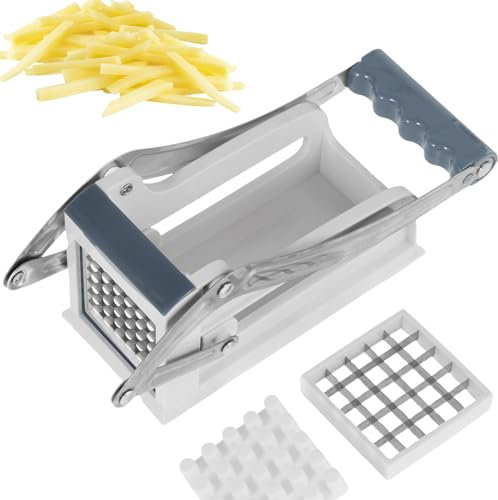 Sutowe Coupe-Frites, Coupe Frites Manuel, Coupe Frite Professionnel avec 2 Lames de Rechange en Acier Inoxydable et Base D'aspiration Sécurisée pour Pommes de Terre Carottes Concombres Ananas (Blanc)