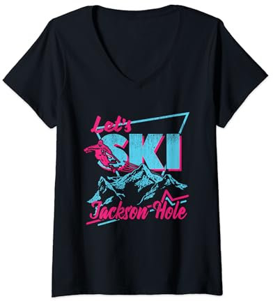Damen Jackson Hole 80er Jahre Retro Skianzug Vintage Ski T-Shirt mit V-Ausschnitt