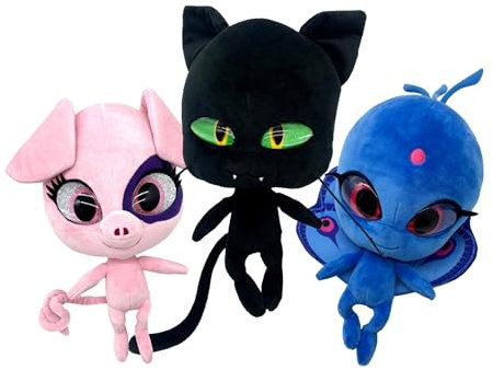 Miraculous Ladybug – 3 Stück Kwami Mon Ami, Plagg, Duusu und Daizzi, 22,9 cm Plüschtiere für Kinder, superweiches Stofftier mit Harzaugen, hohem Glitzer und Glanz und detaillierten Nähten (Wyncor)
