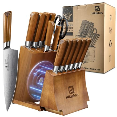 Kitchen Knife Sets with Block, Piklohas 15 Pieces Knife Sets with Magnetic Detachable Knife Holder, High Carbon Steel Damascus Pattern Chef Knife Set with Steak Knives, Ideal for House Warming Gift