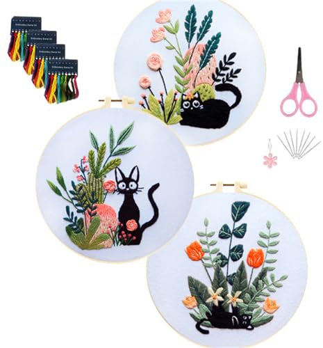 Meecaa 3 Pieces Cat Flower Animal Cactus Embroidery Kit Starter Set, Hand Embroidery Set,Pattern Printed Cross Stitch Set for Beginner Adults, with Embroidery Hoop and Instructions (Cat)